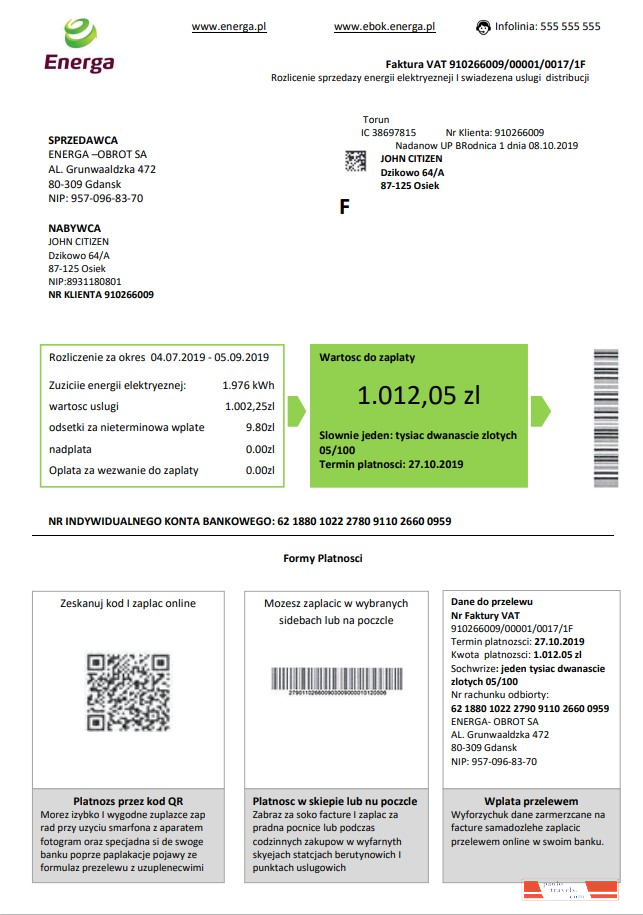 Poland Energa utility bill template in Word and PDF format